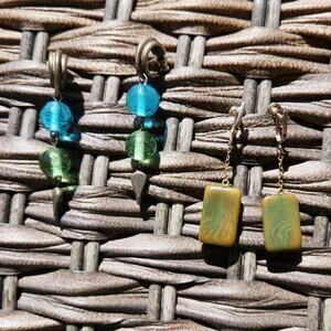 Vintage Dangle Earrings Green Stone Blue Green Beads Boho Pierced 2" Lot Of 2